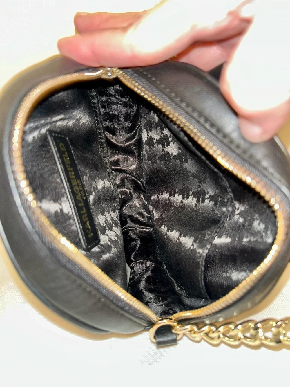 Karl Lagerfeld Black Round Crossbody with Pearl Bow. Made in Paris